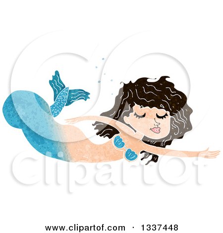 Clipart of a Textured Blue Brunette White Mermaid Swimming 2 - Royalty Free Vector Illustration by lineartestpilot