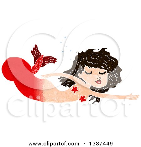 Clipart of a Textured Red Brunette White Mermaid Swimming 2 - Royalty Free Vector Illustration by lineartestpilot
