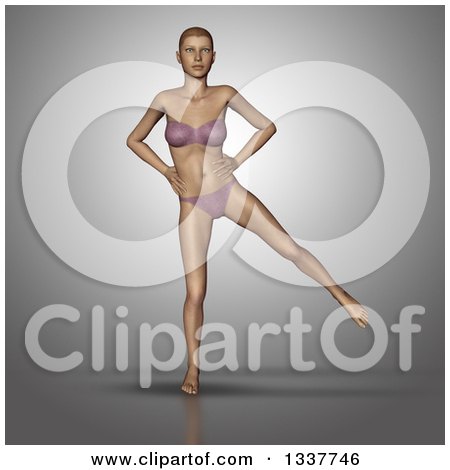 Clipart of a 3d Fit Caucasian Woman Balanced in a Yoga Pose with One Leg Out, on Gray - Royalty Free Illustration by KJ Pargeter