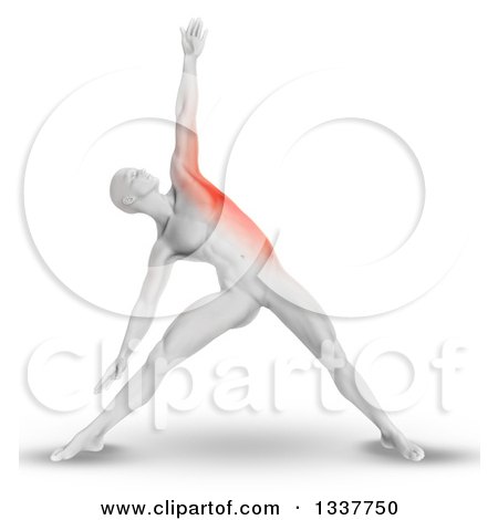 Clipart of a 3d Anatomical Man Stretching in a Yoga Pose, with His Side Highlighted in Red, on White - Royalty Free Illustration by KJ Pargeter