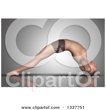 Clipart of a 3d Fit Caucasian Man Stretching in a Yoga Pose, on Gray 3 - Royalty Free Illustration by KJ Pargeter