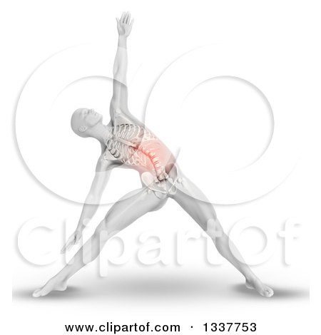 Clipart of a 3d Anatomical Man Stretching in a Yoga Pose, with Visible Torso Skeleton and a Highlighed Red Area, on White - Royalty Free Illustration by KJ Pargeter
