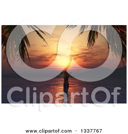 Clipart of a 3d Caucasian Woman in a Bikini, Standing Relaxed and Wading in Water off of a on a Tropical Beach at Sunset - Royalty Free Illustration by KJ Pargeter