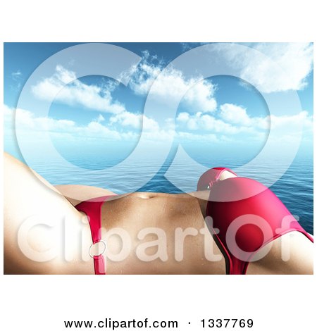 Clipart of a 3d Cropped Torso of a Caucasian Woman in a Bikini, Sun Bathing over the Ocean and Clouds - Royalty Free Illustration by KJ Pargeter