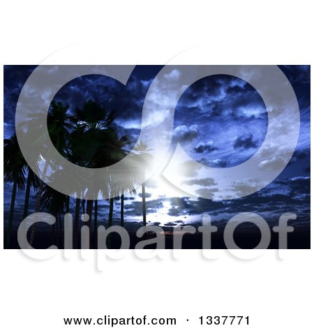 Clipart of a 3d Tropical Island Beach with Silhouetted Palm Trees Against a Blue Moonlit Night Sky - Royalty Free Illustration by KJ Pargeter
