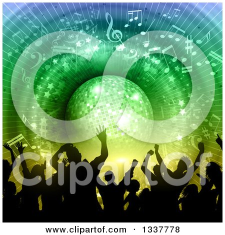 Clipart of a Silhouetted Party Crowd Dancing Under a Blue and Green Disco Ball with Music Notes - Royalty Free Vector Illustration by KJ Pargeter