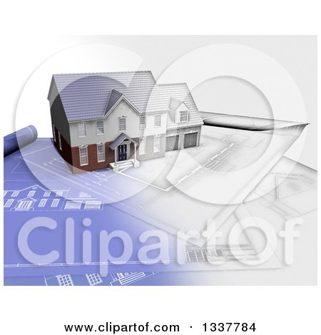 Clipart of a Half Sketch Half 3d House on Blueprints, over White - Royalty Free Illustration by KJ Pargeter