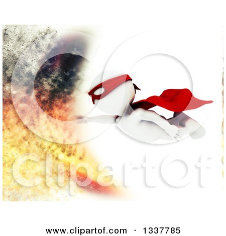 Clipart of a 3d White Man Super Hero Flying into a Fire, over White - Royalty Free Illustration by KJ Pargeter