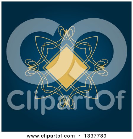 Clipart of a Vintage Yellow Diamond and Swirl Frame over Dark Blue - Royalty Free Vector Illustration by KJ Pargeter