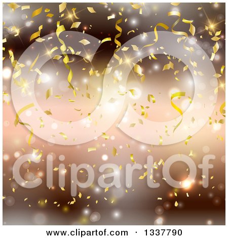 Clipart of a Background of Falling Gold Confetti over Blur and Flares - Royalty Free Vector Illustration by KJ Pargeter