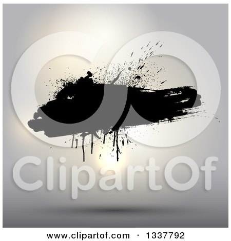 Clipart of a Floating Black Grunge Splatter over a Shining Light on Blur - Royalty Free Vector Illustration by KJ Pargeter