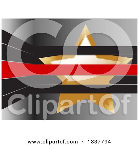 Clipart of a 3d Shiny Gold Star Tucked in Black and Red Stripes over Gray - Royalty Free Vector Illustration by elaineitalia