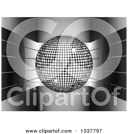Clipart of a 3d Silver Disco Ball over Shiny Curving Stripes over Gray - Royalty Free Vector Illustration by elaineitalia