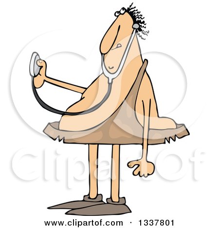 Clipart of a Cartoon Chubby Caveman Doctor Holding out a Stethoscope - Royalty Free Vector Illustration by djart