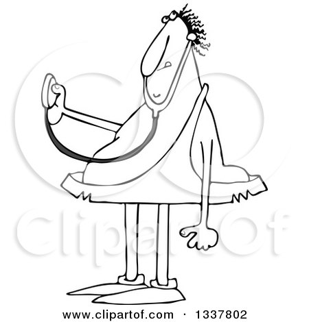 Lineart Clipart of a Cartoon Black and White Chubby Caveman Doctor Holding out a Stethoscope - Royalty Free Outline Vector Illustration by djart