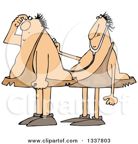Clipart of a Cartoon Chubby Caveman Doctor Holding a Stethoscope to a Patient's Back - Royalty Free Vector Illustration by djart