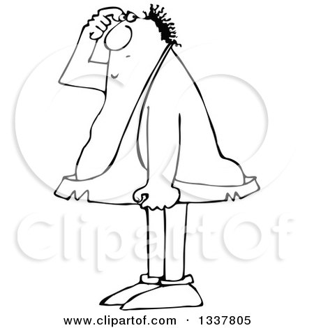 Lineart Clipart of a Cartoon Black and White Chubby Caveman Scratching His Head and Thinking - Royalty Free Outline Vector Illustration by djart