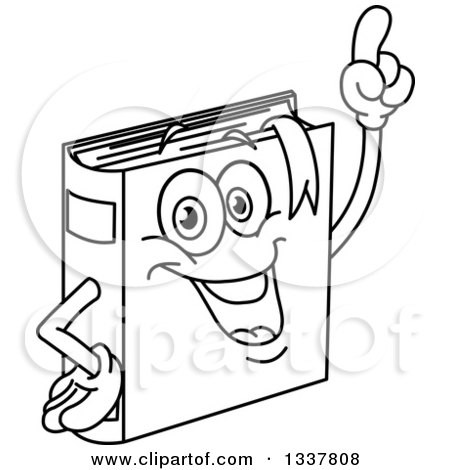Lineart Clipart of a Cartoon Black and Whtie Book Character Holding up a Finger - Royalty Free Outline Vector Illustration by yayayoyo
