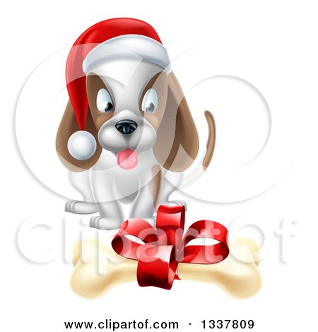 Clipart of a Christmas Puppy Dog Sitting and Looking at a Gift Bone - Royalty Free Vector Illustration by AtStockIllustration