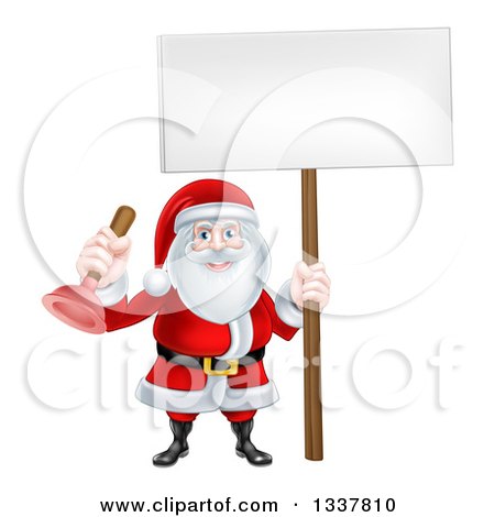Clipart of a Happy Christmas Santa Claus Plumber Holding a Plunger and Blank Sign 4 - Royalty Free Vector Illustration by AtStockIllustration