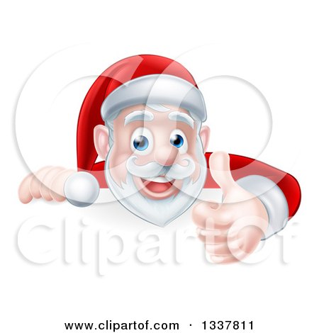 Clipart of a Cartoon Christmas Santa Claus Giving a Thumb up over a Sign - Royalty Free Vector Illustration by AtStockIllustration