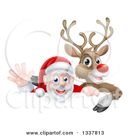 Clipart of a Cartoon Christmas Red Nosed Reindeer and Waving Santa over a Sign - Royalty Free Vector Illustration by AtStockIllustration