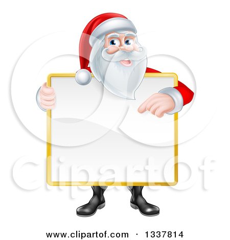 Clipart of a Happy Christmas Santa Claus Holding and Pointing to a Blank Sign Covering His Torso - Royalty Free Vector Illustration by AtStockIllustration