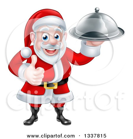 Clipart of a Happy Christmas Santa Claus Chef Holding a Silver Cloche Platter and Thumb up - Royalty Free Vector Illustration by AtStockIllustration