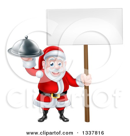 Clipart of a Happy Santa Claus Holding a Silver Cloche Platter and Blank Sign - Royalty Free Vector Illustration by AtStockIllustration