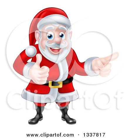Clipart of a Happy Christmas Santa Claus Giving a Thumb up and Pointing to the Right - Royalty Free Vector Illustration by AtStockIllustration