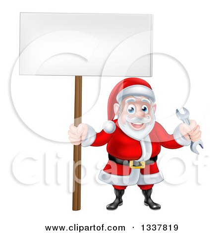 Clipart of a Happy Christmas Santa Holding a Spanner Wrench and Blank Sign 3 - Royalty Free Vector Illustration by AtStockIllustration