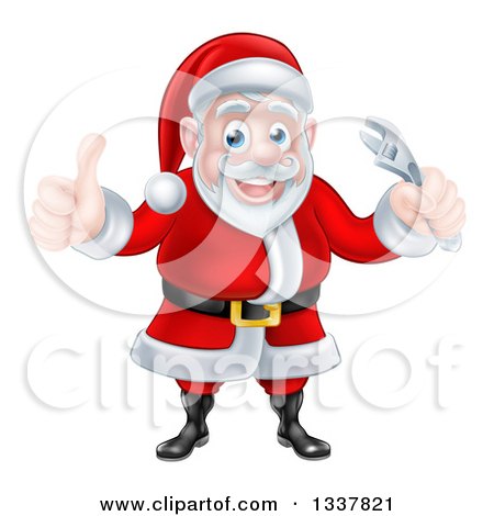 Clipart of a Happy Christmas Santa Claus Giving a Thumb up and Holding an Adjustable Wrench - Royalty Free Vector Illustration by AtStockIllustration