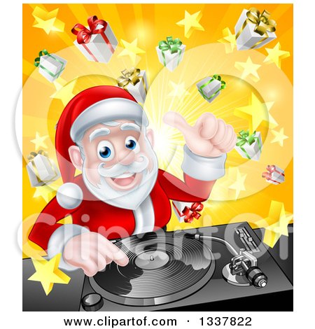 Clipart of a Happy Santa Claus Dj Mixing Christmas Music on a Turntable over a Starburst and Gifts - Royalty Free Vector Illustration by AtStockIllustration