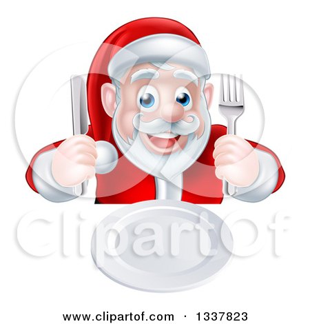 Clipart of a Happy Hungry Christmas Santa Claus Sitting with a Clean Plate and Holding Silverware - Royalty Free Vector Illustration by AtStockIllustration