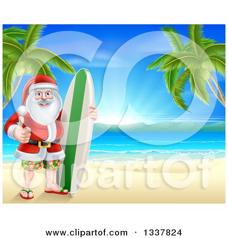 Clipart of a Christmas Santa Claus Giving a Thumb up and Standing Between Palm Trees with a Surf Board on a Tropical Beach - Royalty Free Vector Illustration by AtStockIllustration