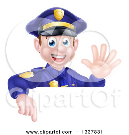 Clipart of a Cartoon Happy Caucasian Male Police Officer Waving and Pointing down over a Sign - Royalty Free Vector Illustration by AtStockIllustration