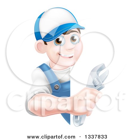 Clipart of a Happy Young Brunette Caucasian Mechanic Man in Blue, Wearing a Baseball Cap, Holding an Adjustable Wrench Around a Sign - Royalty Free Vector Illustration by AtStockIllustration