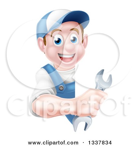 Clipart of a Happy Young Brunette Caucasian Mechanic Man in Blue, Wearing a Baseball Cap, Holding a Wrench Around a Sign - Royalty Free Vector Illustration by AtStockIllustration