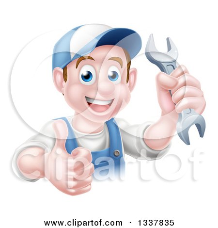 Clipart of a Happy Young Brunette Caucasian Mechanic Man in Blue, Wearing a Baseball Cap, Holding a Wrench and Thumb up - Royalty Free Vector Illustration by AtStockIllustration