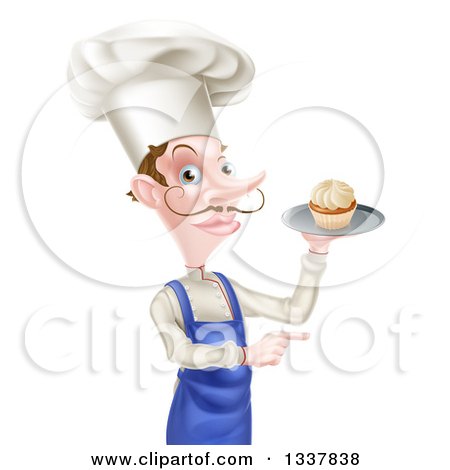 Clipart of a Snooty White Male Chef with a Curling Mustache, Holding a Cupcake on a Tray and Pointing to the Right - Royalty Free Vector Illustration by AtStockIllustration