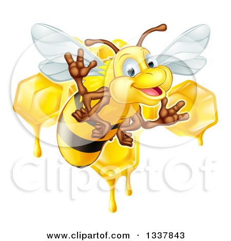 Clipart of a Cartoon Happy Bee Flying Against Dripping Honeycombs - Royalty Free Vector Illustration by AtStockIllustration
