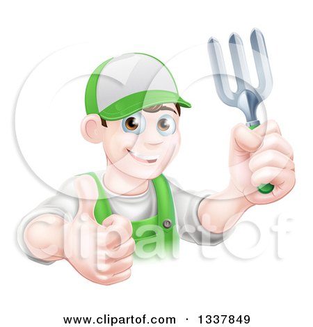 Clipart of a Happy Young Brunette White Male Gardener in Green, Holding up a Garden Fork and Thumb - Royalty Free Vector Illustration by AtStockIllustration
