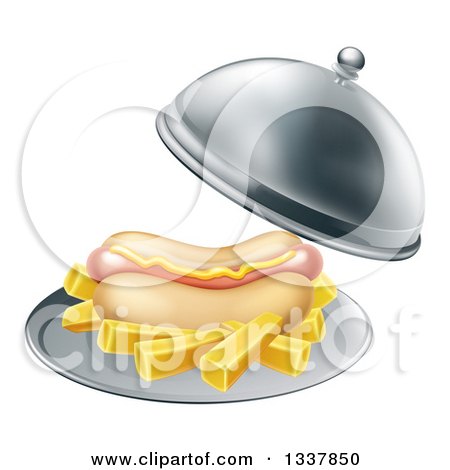 Clipart of a 3d Hot Dog with a Side of French Fries Being Served in a Cloche Platter - Royalty Free Vector Illustration by AtStockIllustration