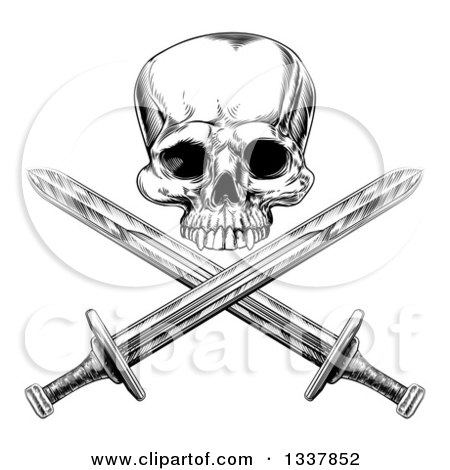 Clipart of a Black and White Engraved Pirate Skull over Cross Swords - Royalty Free Vector Illustration by AtStockIllustration