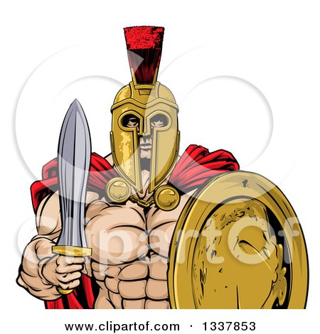 Clipart of a Shirtless Muscular Gladiator Man in a Helmet, Holding a Sword and Shield, from the Waist up - Royalty Free Vector Illustration by AtStockIllustration