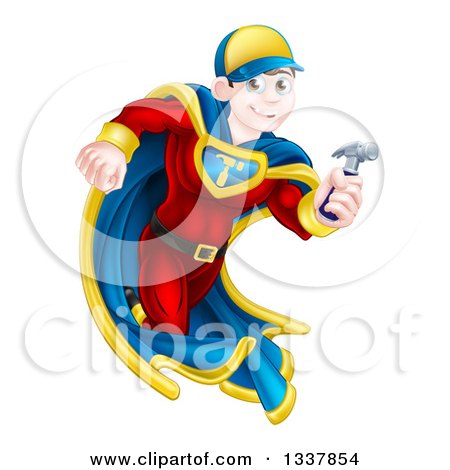 Clipart of a Happy Young Male Brunette Caucasian Carpenter Worker Super Hero Running with a Hammer - Royalty Free Vector Illustration by AtStockIllustration