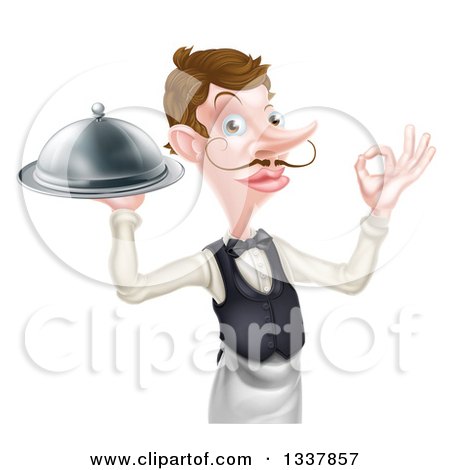 Clipart of a Cartoon Caucasian Male Waiter with a Curling Mustache, Holding a Cloche Platter and Gesturing Ok - Royalty Free Vector Illustration by AtStockIllustration
