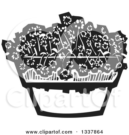 Clipart of a Black and White Woodcut Pot with Flowers - Royalty Free Vector Illustration by xunantunich