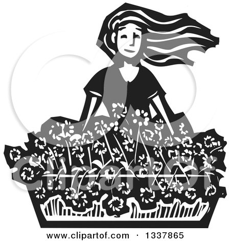 Clipart of a Black and White Woodcut Girl with Her Hair Flying in the Wind over a Planter of Flowers - Royalty Free Vector Illustration by xunantunich