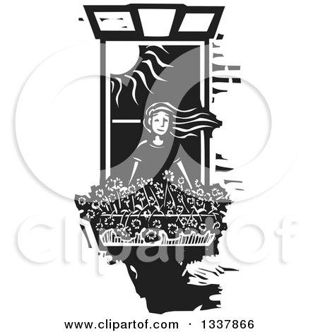 Clipart of a Black and White Woodcut Girl Bending out of a Window, Her Hair Flying in the Wind, over a Planter of Flowers - Royalty Free Vector Illustration by xunantunich